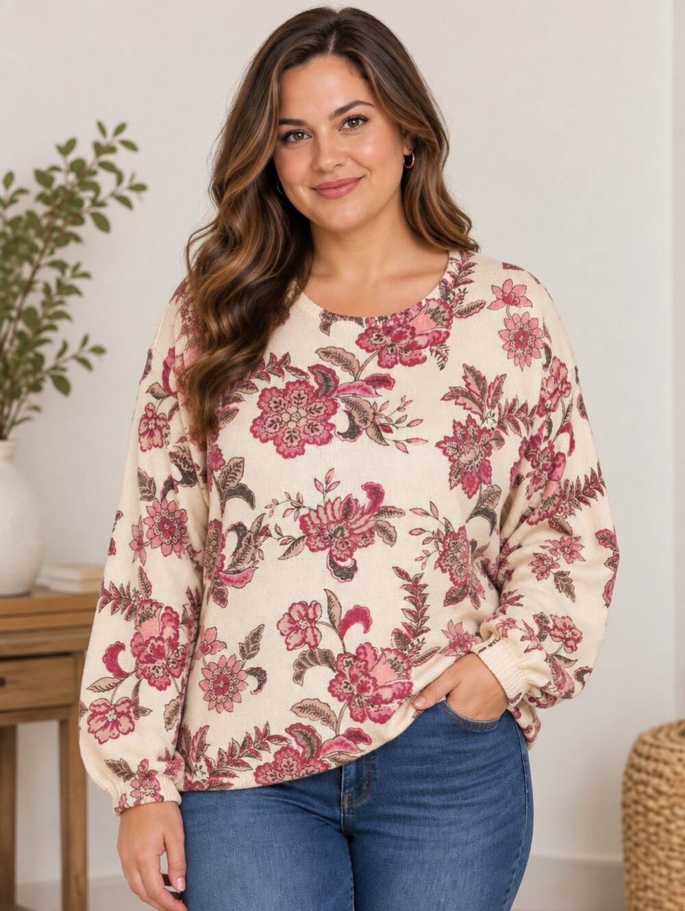 Penelope Rose Plus Size 3X Ivory Pink Floral Pullover Sweater NWT